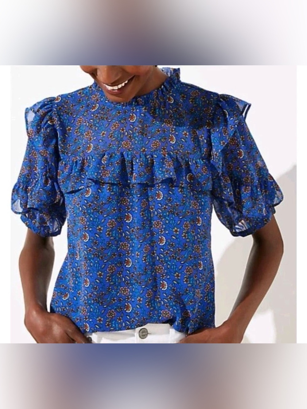 2 for $20 sale: Loft blue floral chiffon short sleeve blouse with ruffle details